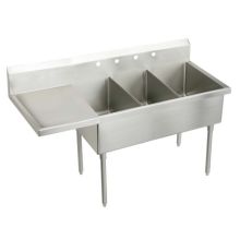 Sturdibilt Stainless Steel 97-1/2" x 27-1/2" Floor Standing Triple Basin Scullery Sink with Four Faucet Holes and Left Side Drain Board