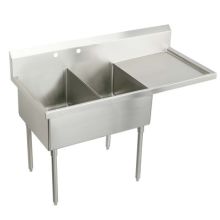 Weldbilt Stainless Steel 85-1/2" Floor Mount Double Bowl Food Service Scullery Sink Right Side Drain Board and Two Faucet Holes