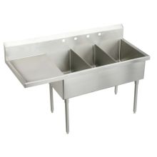Weldbilt Stainless Steel 70-1/2" Floor Mount Triple Bowl Food Service Scullery Sink with Left Side Drain Board and Two Faucet Holes