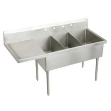 Weldbilt Stainless Steel 97-1/2" Floor Mount Triple Bowl Food Service Scullery Sink with Left Side Drain Board and Two Faucet Holes