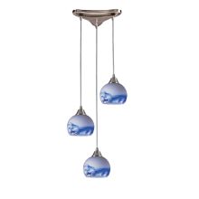 Mela 3 Light 10" Wide Linear Pendant with Triangle Canopy and Hand Blown Glass Shades In Starlight Blue