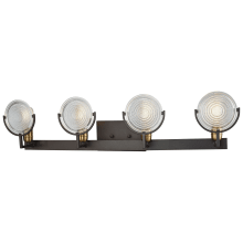 Ocular 4 Light 36" Wide Bathroom Vanity Light with Satin Brass Accents and Clear Railroad Light Glass Shades