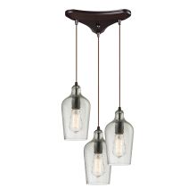 Hammered Glass 3 Light 10" Wide Multi Light Pendant with Triangle Canopy and Clear Hammered Glass Shades