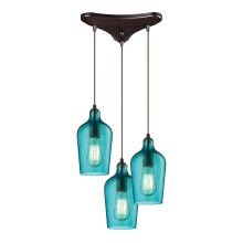 Hammered Glass 3 Light 10" Wide Multi Light Pendant with Triangle Canopy and Aqua Hammered Glass Shades
