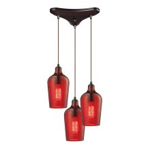 Hammered Glass 3 Light 10" Wide Multi Light Pendant with Triangle Canopy and Red Hammered Glass Shades