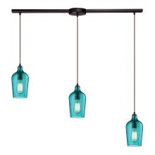 Hammered Glass 3 Light 36" Wide Linear Pendant with Rectangle Canopy and Aqua Hammered Glass Shades