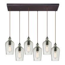 Hammered Glass 6 Light 30" Wide Multi Light Pendant with Rectangle Canopy and Clear Hammered Glass Shades