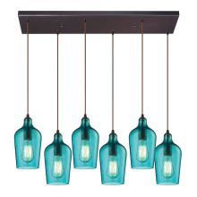 Hammered Glass 6 Light 30" Wide Multi Light Pendant with Rectangle Canopy and Aqua Hammered Glass Shades
