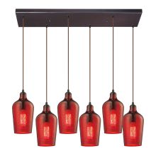 Hammered Glass 6 Light 30" Wide Multi Light Pendant with Rectangle Canopy and Red Hammered Glass Shades