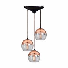 Revelo 3 Light 17" Wide Multi Light Pendant with Triangle Canopy and Clear Glass Shades with Copper Plated Tops