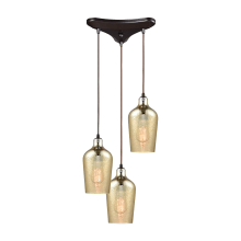 Hammered Glass 3 Light 10" Wide Multi Light Pendant with Hammered Amber Plated Glass Shades