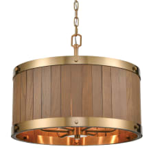 Wooden Barrel 6 Light 19" Wide Drum Chandelier - Satin Brass / Medium Oak