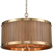 Wooden Barrel 6 Light 25" Wide Drum Chandelier - Satin Brass / Medium Oak
