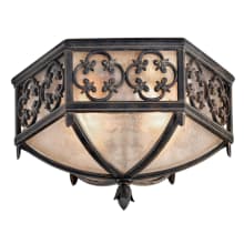 Costa del Sol 16" Diameter Two-Light Outdoor Flush Mount Ceiling Fixture with Quatrefoil Details and Subtle Iridescent Textured Glass Shade
