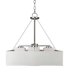 4 Light 18" Wide Pillar Candle Chandelier with Off White Square Fabric Shade and Satin Opal Glass