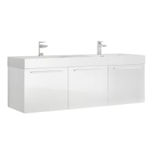 Vista 59" Wall Mounted Double Basin Vanity Set with Wood Cabinet and Stone Vanity Top