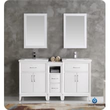 Cambridge 60" Free Standing Vanity Set with Wood Cabinet, Ceramic Top, Two Drop In Sinks, Two Mirrors, and Two Single Hole Faucets