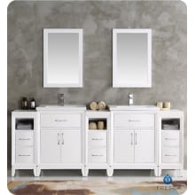 Cambridge 84" Free Standing Vanity Set with Wood Cabinet, Ceramic Top, Two Drop In Sinks, Two Mirrors, and Two Single Hole Faucets