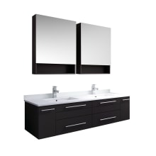 Lucera 60" Wall Mounted Double Basin Vanity Set with Cabinet, Quartz Vanity Top, Medicine Cabinets, and Single Hole Faucets