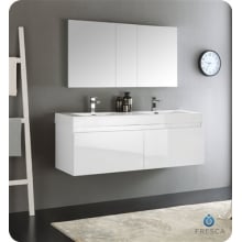 Mezzo 59" Wall Mounted Double Basin Vanity Set with Cabinet, Acrylic Vanity Top, Medicine Cabinet, and Single Hole Faucet