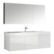 Senza 59" Wall Mounted / Floating Vanity Set with MDF Cabinet, Acrylic Top, Drop In Sink, Medicine Cabinet, and Single Hole Faucet