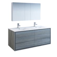 Catania 60" Wall Mounted Double Basin Vanity Set with Acrylic Vanity Top and Two Single Hole Faucets