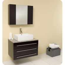 Modello 32" Wall Mounted Solid Oak Wood Vanity With Marble or Granite Top, Medicine Cabinet, Ceramic Sink, Faucet, Pop-Up Drain and Installation Hardware