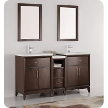 Cambridge 60" Free Standing Vanity Set with Wood Cabinet, Ceramic Top, Two Drop In Sinks, Two Mirrors, and Two Single Hole Faucets