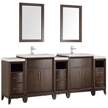 Cambridge 84" Free Standing Vanity Set with Wood Cabinet, Ceramic Top, Two Drop In Sinks, Two Mirrors, and Two Single Hole Faucets