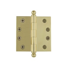 Solid Brass 4 x 4 Inch Plain Bearing Square Corner Mortise Door Hinge with Ball Finial - Single Hinge