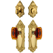 Grande Victorian Solid Brass Single Cylinder Keyed Entry Knobset and Deadbolt Combo Pack with Baguette Amber Crystal Knob and 2-3/4" Backset