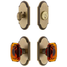 Arc Solid Brass Single Cylinder Keyed Entry Knobset and Deadbolt Combo Pack with Baguette Amber Crystal Knob and 2-3/8" Backset