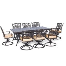 Traditions 9-Piece Aluminum Framed Outdoor Dining Set with Umbrella Compatible Extra Long Rectangular Aluminum Tabletop and Swivel Rocking Chairs