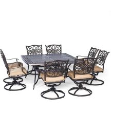Traditions 9-Piece Aluminum Framed Outdoor Dining Set with Umbrella Compatible Square Aluminum Tabletop and Swivel Rocking Chairs