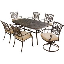 Traditions 7-Piece Aluminum Framed Outdoor Dining Set with Umbrella Compatible Rectangular Aluminum Tabletop and Arm Chairs