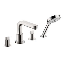 Metris S Deck Mounted Roman Tub Filler with Diverter, Metal Knob Handles and 2.0 GPM Multi Function Hand Shower Less Valve