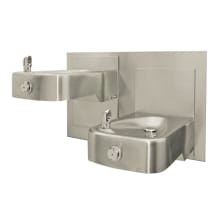 Hi-Lo barrier-free, wall mounted, dual 14 gauge satin finish stainless steel drinking fountains with antimicrobial protection, 100% lead free waterways, and back panel.