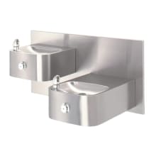 Hi-Lo barrier-free, wall mounted, dual 14 gauge stainless steel drinking fountains with a back panel, and 100% lead-free waterways.