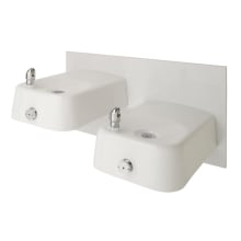 Hi-Lo barrier-free, wall mounted, dual white enameled iron drinking fountains with back panel, and 100% lead-free waterways.