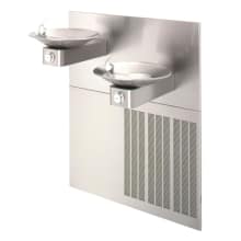 Hi-Lo barrier-free, dual satin finish stainless steel electric drinking fountains with round sculpted bowls.