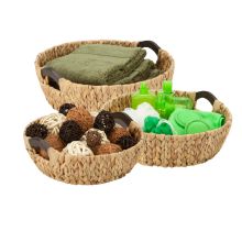 3 Piece Water Hyacinth Round Basket Set with Wood Handles