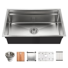 Novus 31-9/16" Undermount Single Basin Stainless Steel Kitchen Sink with Basin Rack, Basket Strainer, Colander, Rolling Mat, and Cutting Board