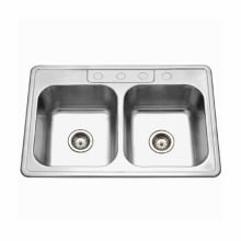 Glowtone 33" Double Basin Drop In 18-Gauge Stainless Steel Kitchen Sink with 50/50 Split and Sound Dampening Technology