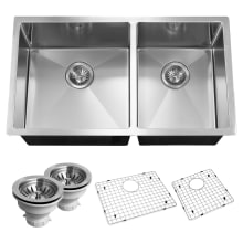 Savior 32" Undermount Double Basin Stainless Steel Kitchen Sink with Basin Rack and Basket Strainer