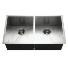 Contempo 33" Undermount Double Basin Stainless Steel Kitchen Sink with Basin Rack and Basket Strainer