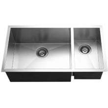 Contempo 33" Double Basin Undermount 18-Gauge Stainless Steel Kitchen Sink with 70/30 Split and Sound Dampening Technology - Basket Strainer and Basin Racks