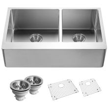 Epicure 33" Double Basin 18 Gauge Kitchen Sink for Farmhouse Installations with 60/40 Split - Basket Strainers and Basin Racks Included