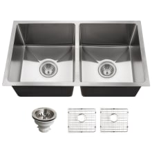 Nouvelle 31" Undermount Double Basin Stainless Steel Kitchen Sink with Basin Rack and Basket Strainer