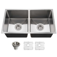 Nouvelle 31-1/8" Undermount Double Basin Stainless Steel Kitchen Sink with Basin Rack and Basket Strainer
