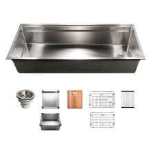 Novus 45" Undermount Single Basin Stainless Steel Kitchen Sink with Basin Rack, Basket Strainer, Colander, Rolling Mat, and Cutting Board